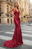 Sequined Prom Dress Mermaid V-Neck Sweep Train With Pleated
