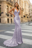 Sequined Prom Dress Mermaid V-Neck Sweep Train With Pleated