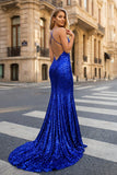 Sequined Prom Dress Mermaid V-Neck Sweep Train With Pleated