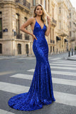 Sequined Prom Dress Mermaid V-Neck Sweep Train With Pleated