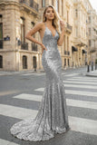 Sequined Prom Dress Mermaid V-Neck Sweep Train With Pleated