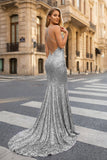 Sequined Prom Dress Mermaid V-Neck Sweep Train With Pleated