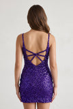 Purple Sheath Sequins Spaghetti Straps Mini Party Dresses