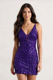 Purple Sheath Sequins Spaghetti Straps Mini Party Dresses