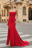 Dark Green Strapless Sheath Satin Long Prom Dress With Split