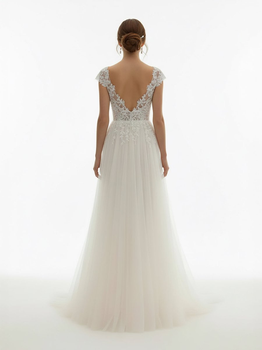 Sexy A Line Plunging Neckline Tulle Sweep Train Wedding Dress with Appliques