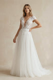 Sexy A Line Plunging Neckline Tulle Sweep Train Wedding Dress with Appliques