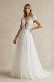 Sexy A Line Plunging Neckline Tulle Sweep Train Wedding Dress with Appliques