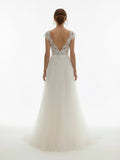 Sexy A Line Plunging Neckline Tulle Sweep Train Wedding Dress with Appliques