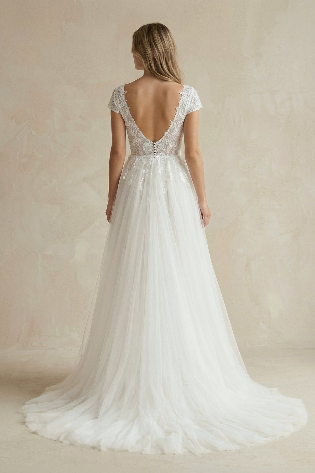 Sexy A Line Plunging Neckline Tulle Sweep Train Wedding Dress with Appliques