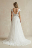 Sexy A Line Plunging Neckline Tulle Sweep Train Wedding Dress with Appliques