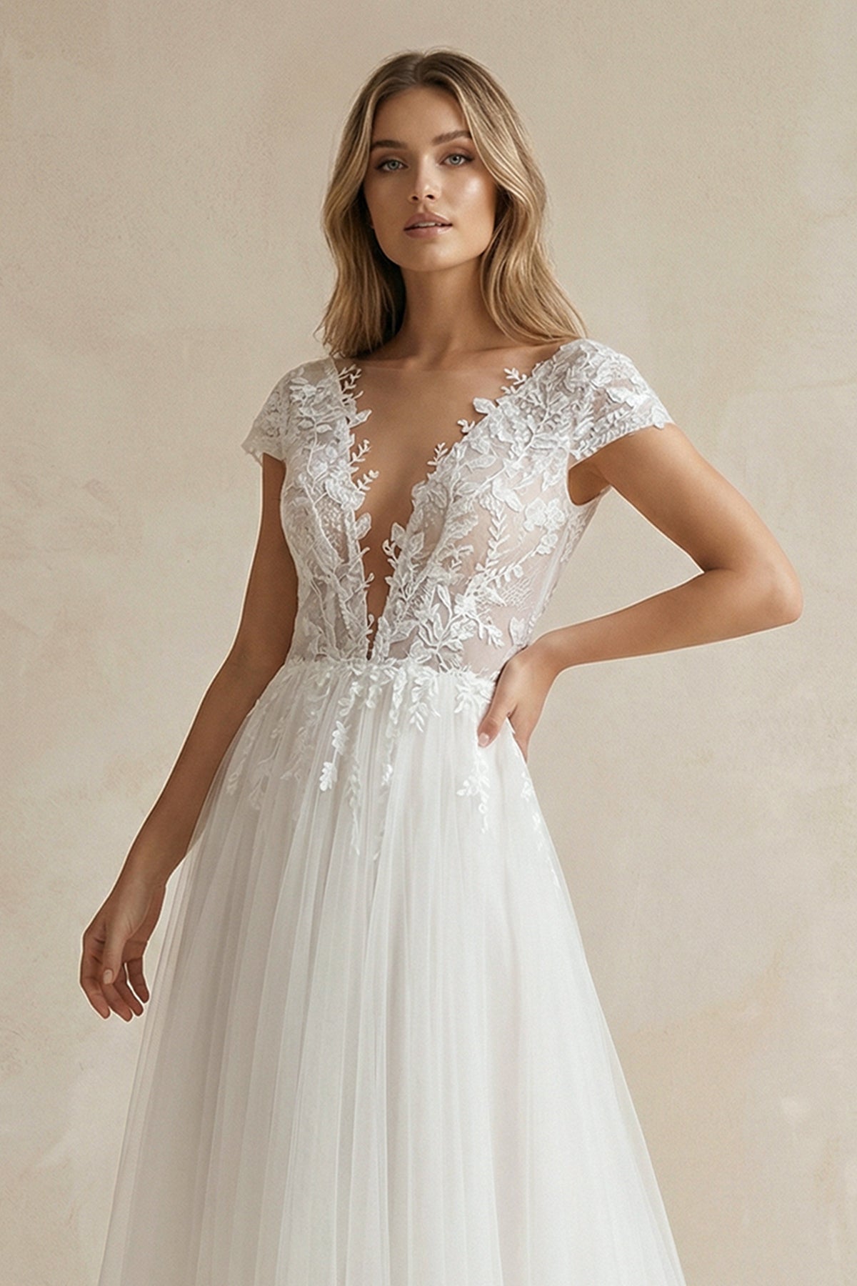 Sexy A Line Plunging Neckline Tulle Sweep Train Wedding Dress with Appliques