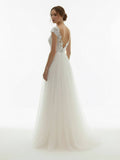 Sexy A Line Plunging Neckline Tulle Sweep Train Wedding Dress with Appliques