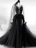Sexy Black Lace Appliques Sleeveless Tulle Backless Wedding Dresses with Veil