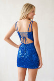Royal Blue Sheath Deep V neck Sequins Appliques Sheath Mini Party Dresses