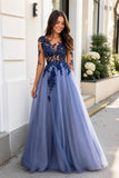 Sexy Long Sleeves Blue Lace Open Back Prom Dresses Evening Dresses