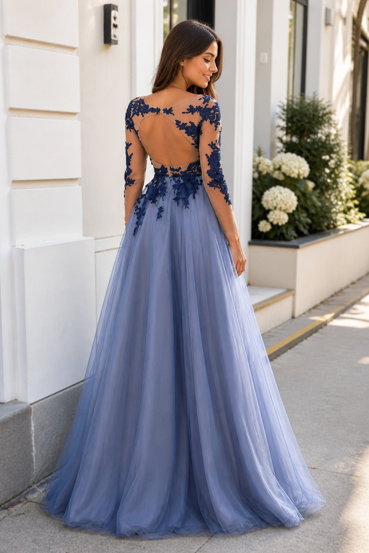 Sexy Long Sleeves Blue Lace Open Back Prom Dresses Evening Dresses