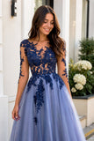 Sexy Long Sleeves Blue Lace Open Back Prom Dresses Evening Dresses