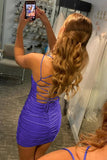 Sheath Blue Spaghetti Straps Short Homecoming Dress with Criss Cross Back