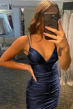 Sheath Blue Spaghetti Straps Short Homecoming Dress with Criss Cross Back
