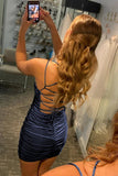 Sheath Blue Spaghetti Straps Short Homecoming Dress with Criss Cross Back