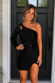 Bodycon Peacock One Shoulder Long Sleeves Sequins Mini Party Dresses