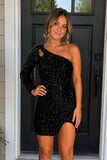 Bodycon Peacock One Shoulder Long Sleeves Sequins Mini Party Dresses