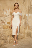 Sheath Off-The-Shoulder Sleeveless Tea-Length Wedding Dresses