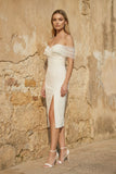 Sheath Off-The-Shoulder Sleeveless Tea-Length Wedding Dresses
