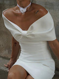 Sheath Off-The-Shoulder Sleeveless Satin Short Mini Wedding Dress With Bow