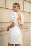 Bodycon Square Neck Satin Short Wedding Dresses with Lantern Sleeves