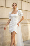 Bodycon Square Neck Satin Short Wedding Dresses with Lantern Sleeves