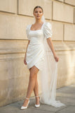 Bodycon Square Neck Satin Short Wedding Dresses with Lantern Sleeves