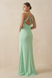 Sheath Spaghetti Straps Chiffon Long Bridesmaid Dress in Pale Pistachio