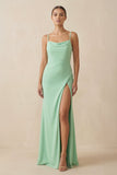 Sheath Spaghetti Straps Chiffon Long Bridesmaid Dress in Pale Pistachio