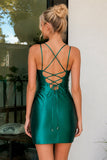 Sheath Spaghetti Straps Green Short Homecoming Dress with Criss Cross Back