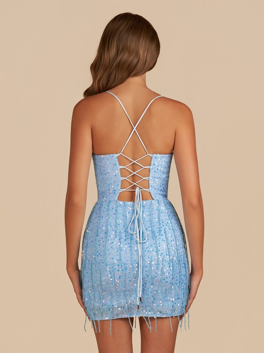 Sheath Spaghetti Straps Sky Blue Mini Party Dresses with Tassel