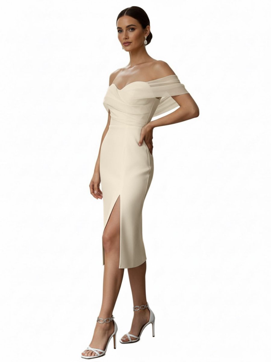 Sheath Off-The-Shoulder Sleeveless Tea-Length Wedding Dresses