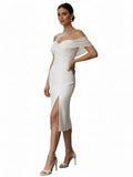 Sheath Off-The-Shoulder Sleeveless Tea-Length Wedding Dresses