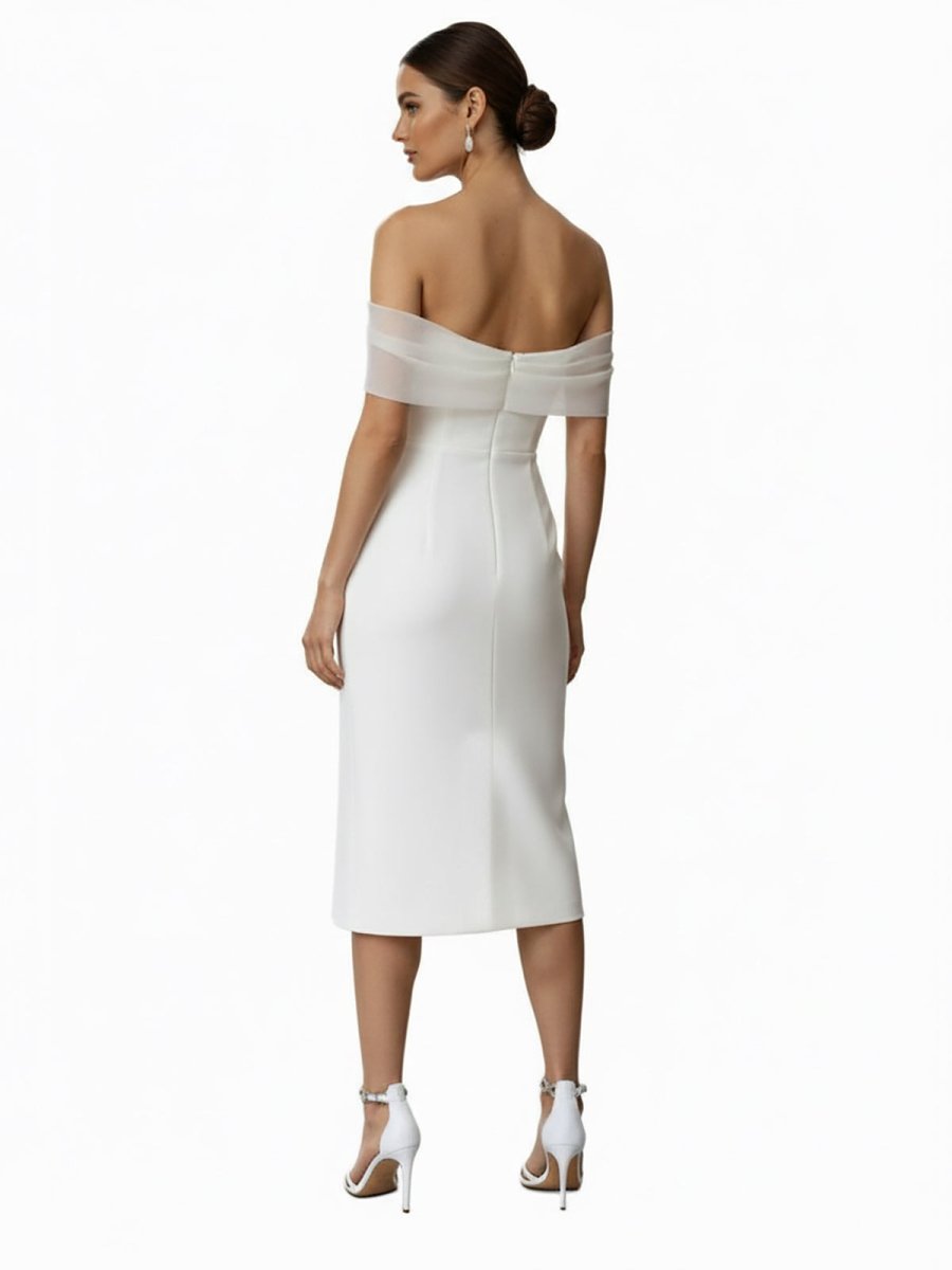 Sheath Off-The-Shoulder Sleeveless Tea-Length Wedding Dresses