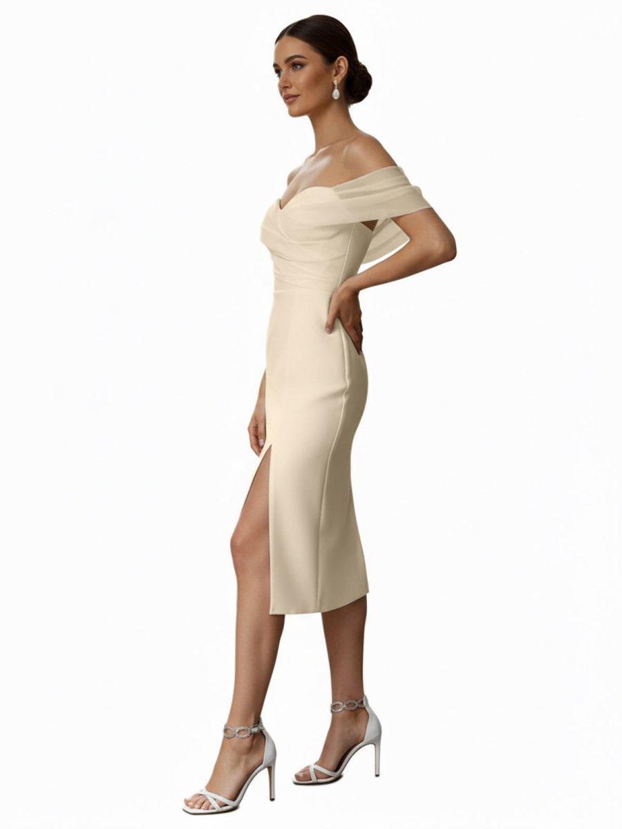Sheath Off-The-Shoulder Sleeveless Tea-Length Wedding Dresses