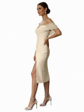 Sheath Off-The-Shoulder Sleeveless Tea-Length Wedding Dresses