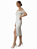 Sheath Off-The-Shoulder Sleeveless Tea-Length Wedding Dresses