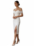 Sheath Off-The-Shoulder Sleeveless Tea-Length Wedding Dresses