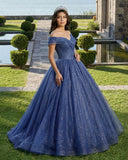Shiny Off Shoulder Navy Blue Tulle Navy Blue Formal Graduation Evening Dresses