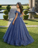 Shiny Off Shoulder Navy Blue Tulle Navy Blue Formal Graduation Evening Dresses
