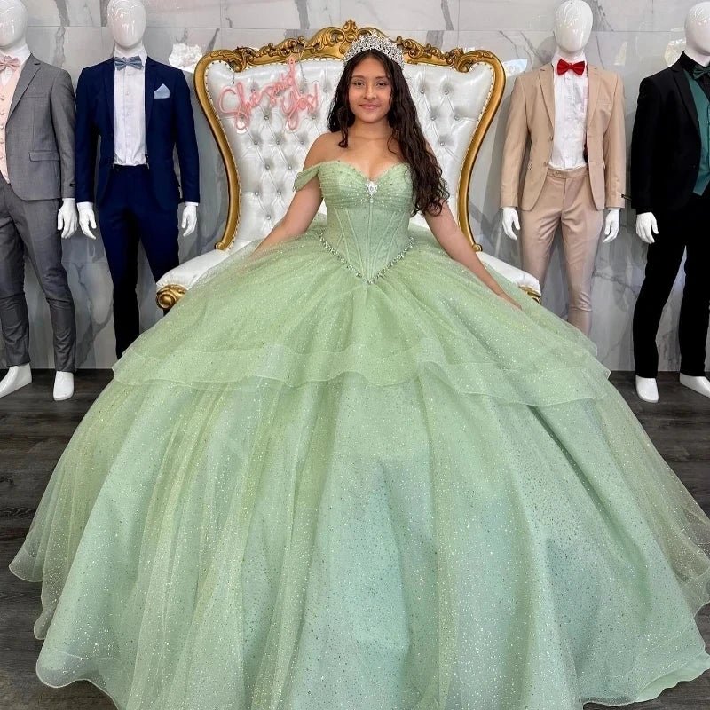 Sage Green Off The Shoulder Tulle Beaded Quinceanera Dress With Bow
