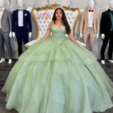 Sage Green Off The Shoulder Tulle Beaded Quinceanera Dress With Bow