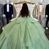 Sage Green Off The Shoulder Tulle Beaded Quinceanera Dress With Bow