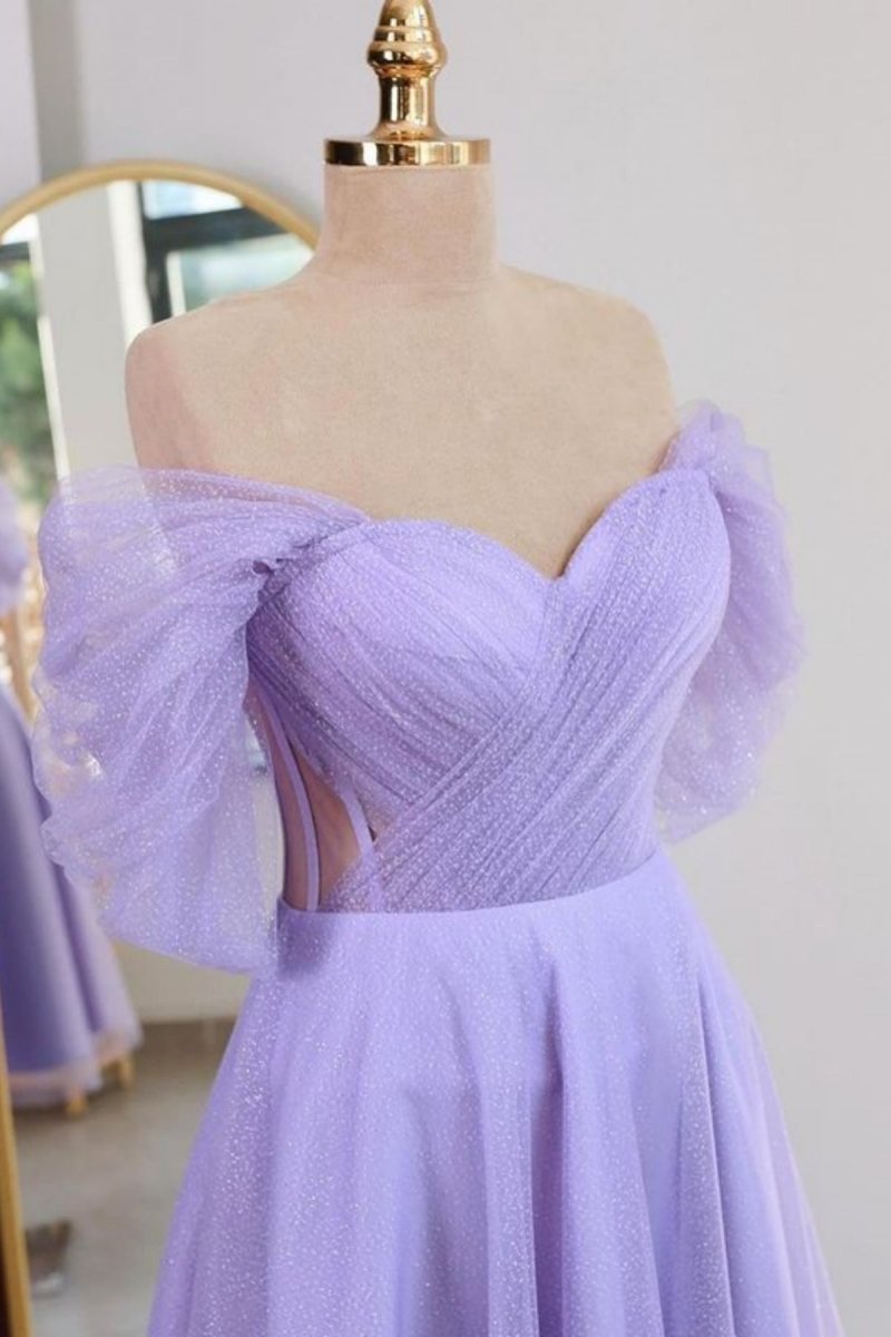 Shiny Tulle Off the Shoulder Light Blue Tea Length Prom Dress